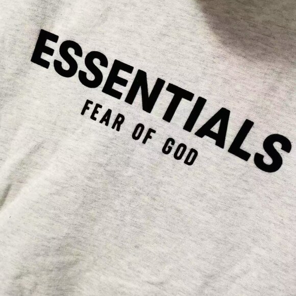 Fear of God Essentials SS22 Light Oatmeal Logo Flocked Hooded Sweatshirt for Men - Picture 8 of 9